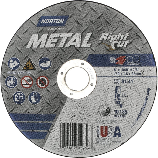 Meule à tronçonner à angle droit Metal RightCut, 6" x 0,04", alésage 7/8", Type 01/41, oxyde d'aluminium, 10185 tr/min