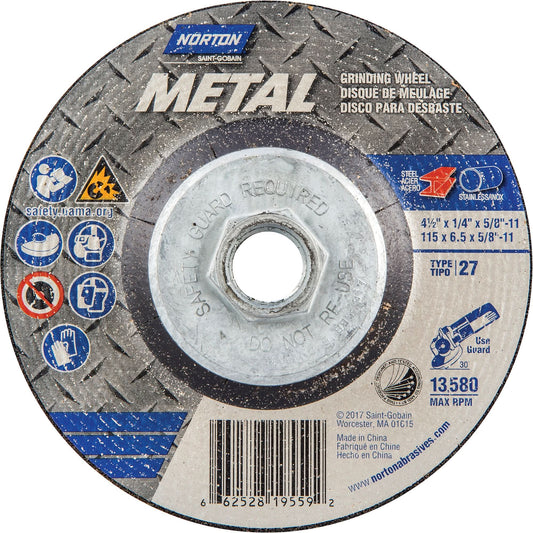 Metal Grinding Wheel, 4-1/2" x 1/4", 5/8"-11 Arbor, Aluminum Oxide, Type 27