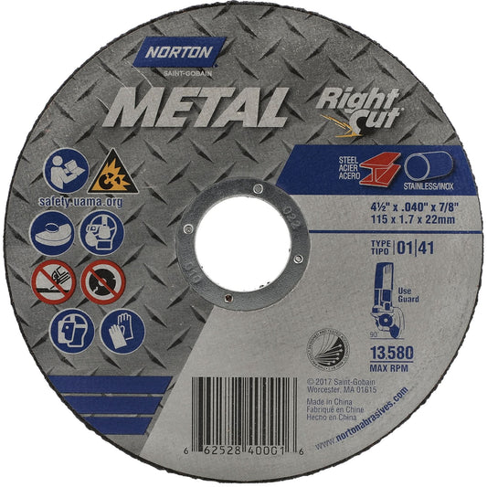 Metal RightCut Right Angle Cut-Off Wheel, 4-1/2" x 0.045", 7/8" Arbor, Type 01/41, Aluminum Oxide, 13580 RPM
