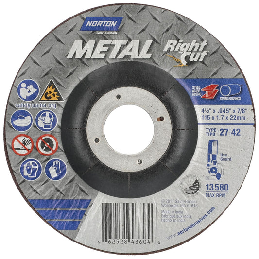 Metal RightCut Right Angle Cut-Off Wheel, 4-1/2" x 0.045", 7/8" Arbor, Type 27, Aluminum Oxide, 13580 RPM