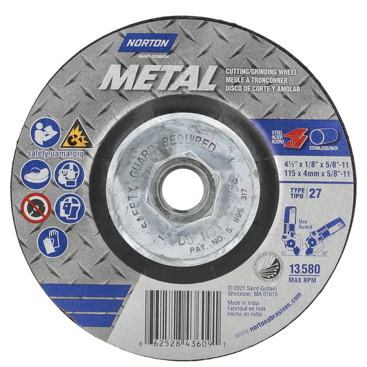 Metal Grinding & Cutting Wheel, 4-1/2" x 1/8", 5/8"-11 Arbor, Type 27, Aluminum Oxide