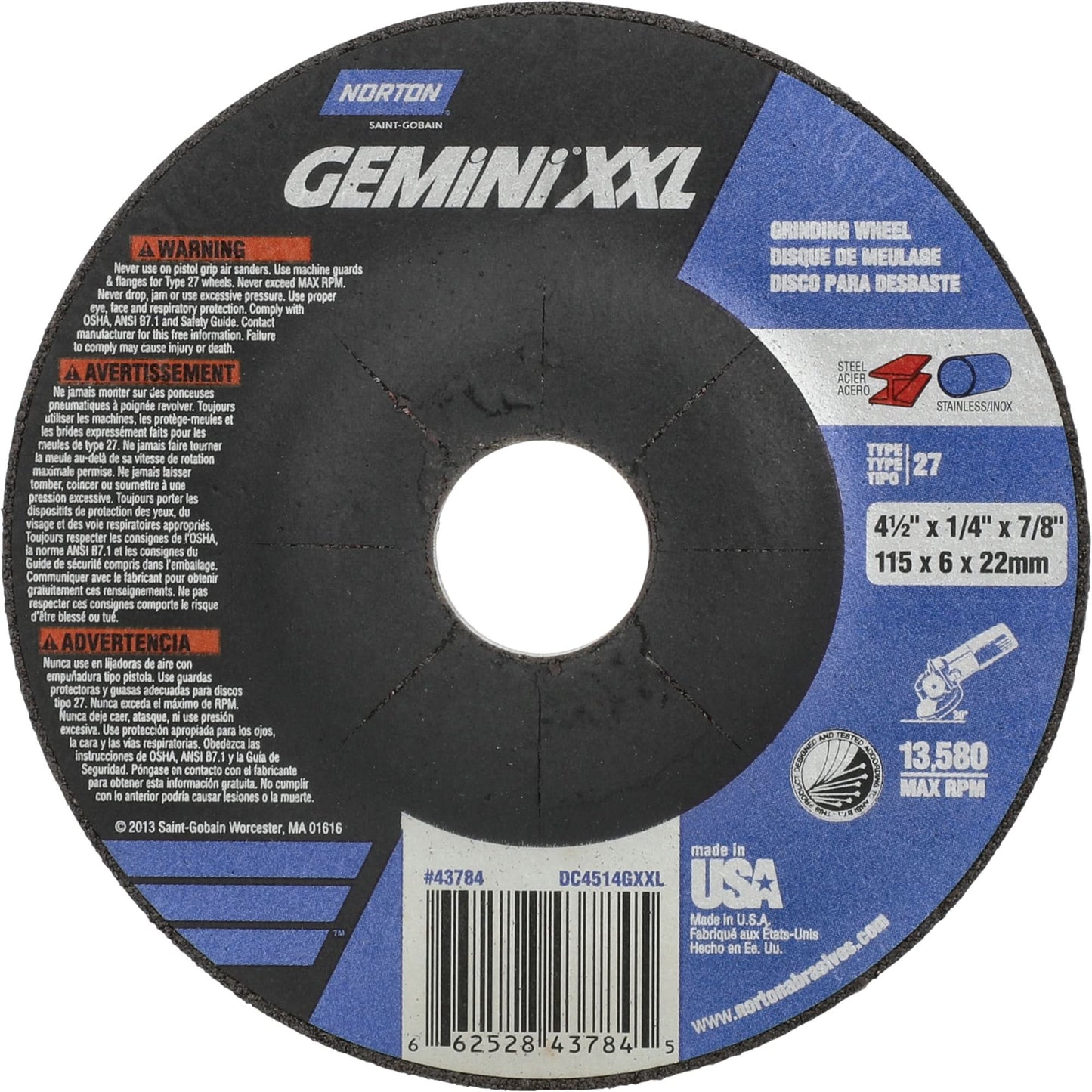 Gemini XXL Grinding Wheel, 4-1/2" x 1/4", 7/8" Arbor, Aluminum Oxide, Type 27