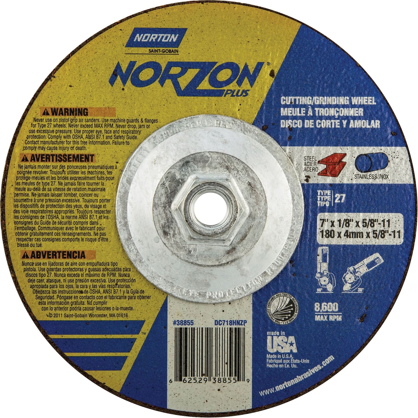 NorZon Plus SGZ  Grinding & Cutting Wheel, 7" x 1/8", 5/8"-11 Arbor, Type 27, Ceramic Alumina