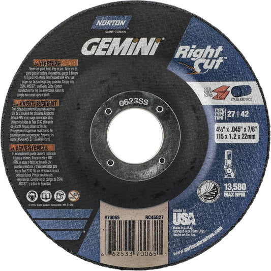 Meule à tronçonner à angle droit Gemini RightCut, 4-1/2 po x 0,045 po, alésage 7/8 po, type 27/42, oxyde d'aluminium, 13580 tr/min