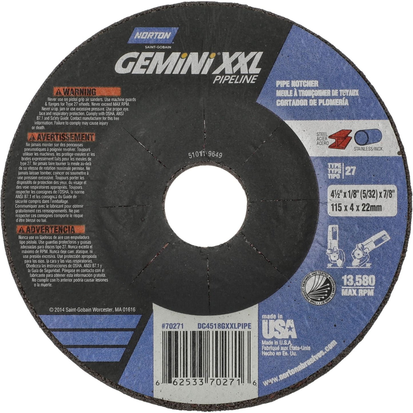Gemini XXL Grinding & Cutting Wheel, 4-1/2" x 1/8", 7/8" Arbor, Type 27, Aluminum Oxide