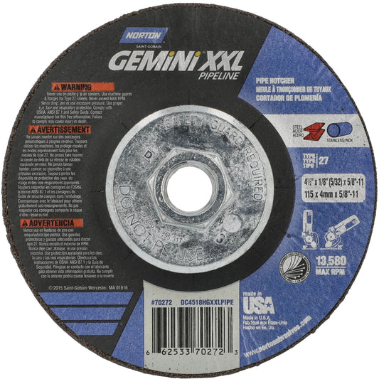 Meule à tronçonner et à ébarber Gemini XXL, 4-1/2" x 1/8", Alésage 5/8"-11, Type 27, Oxyde d'aluminium
