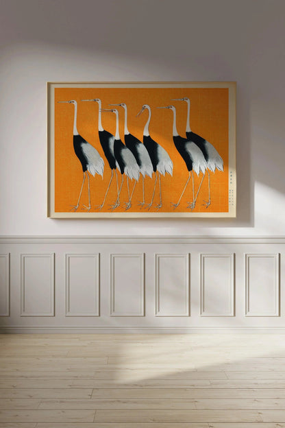Ogata Korin Cranes Print: Vintage Japanese Art, Orange Remix