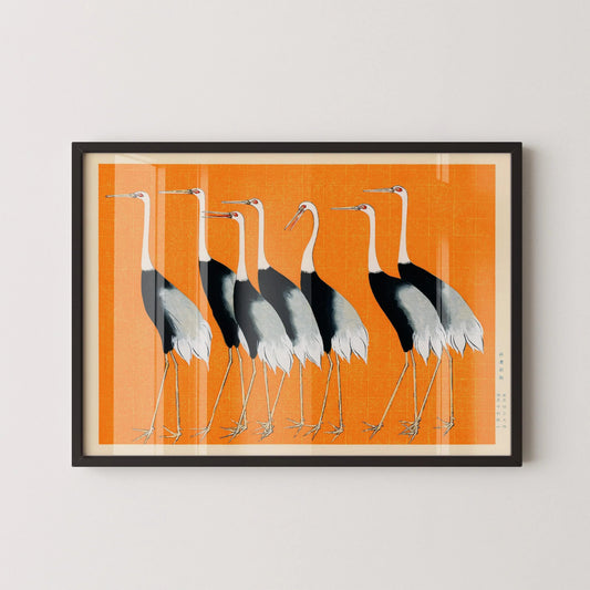 Estampe « Grues » d'Ogata Korin : Art japonais vintage, remix orange