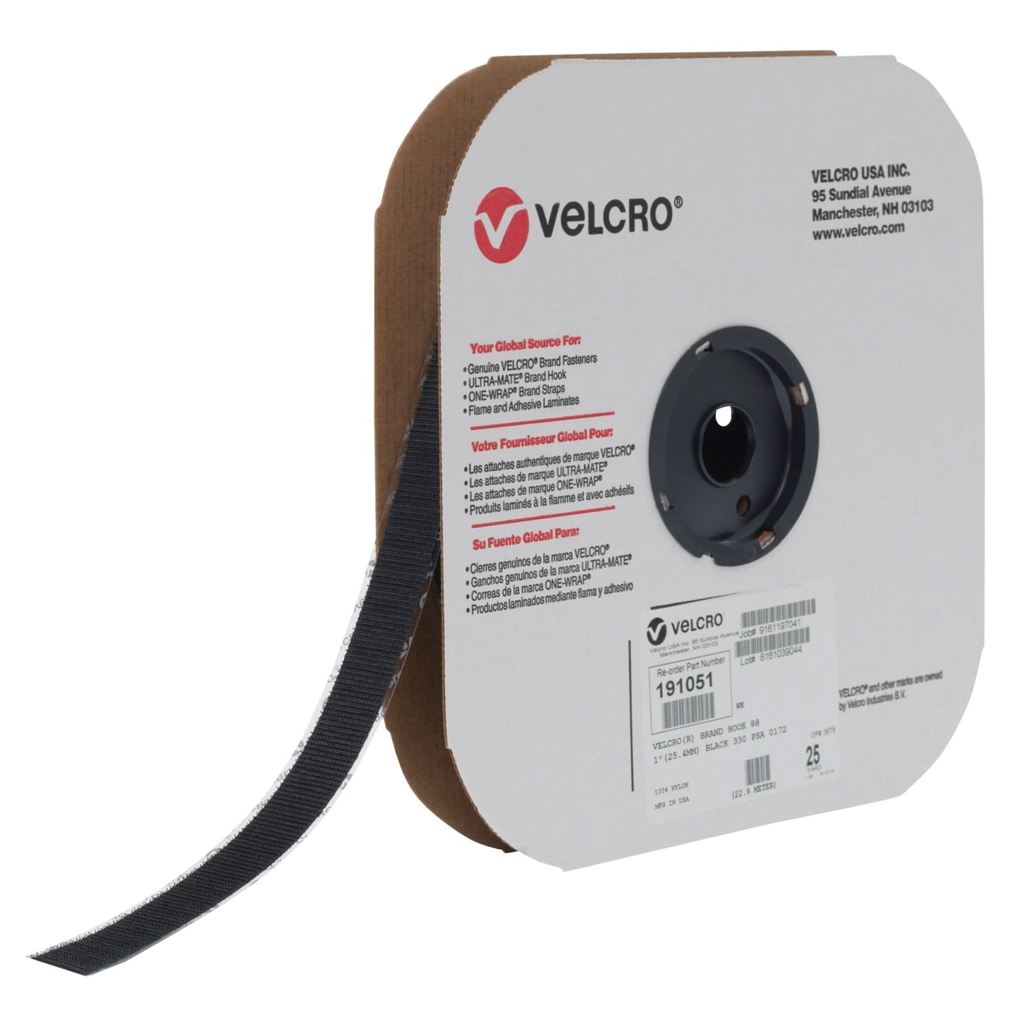 Fastener Tape, Hook, 25 yds x 1", Adhesive, Black