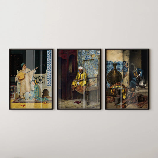 Orientalist Elegance: STATEMENT TRIO ArtFeaturing Musicians Scholars & Rich Patterns ‚Äì Timeless Wall D√©cor Available framed