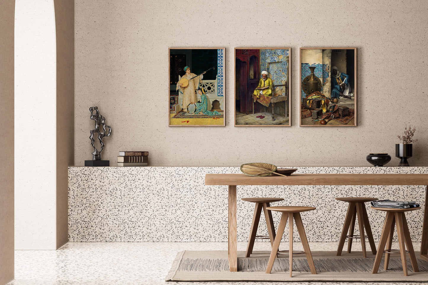Orientalist Elegance: STATEMENT TRIO ArtFeaturing Musicians Scholars & Rich Patterns ‚Äì Timeless Wall D√©cor Available framed