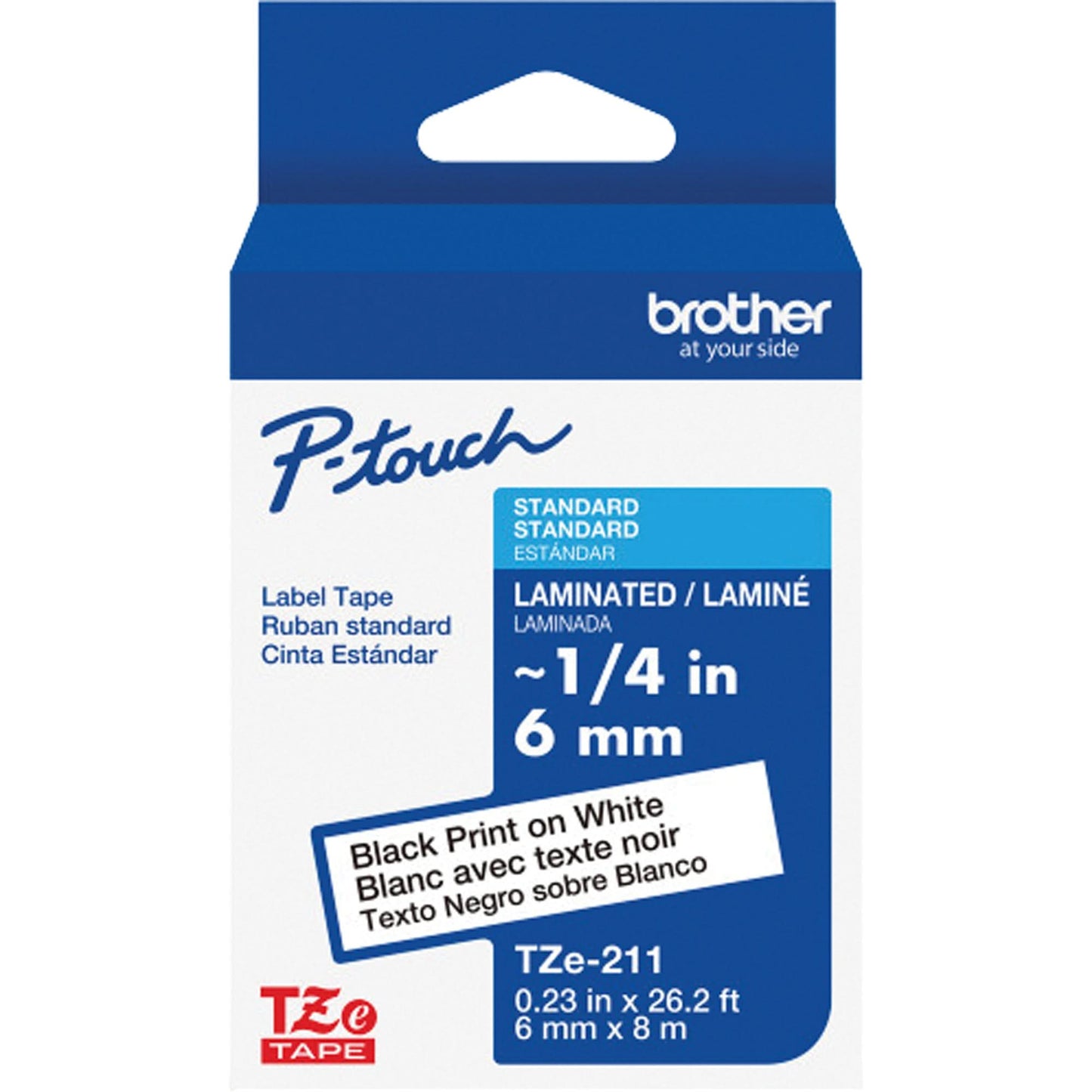 TZe-211 Laminated Tape for TZe-Compatible P-Touch Label Makers, Black on White, 0.23" Width