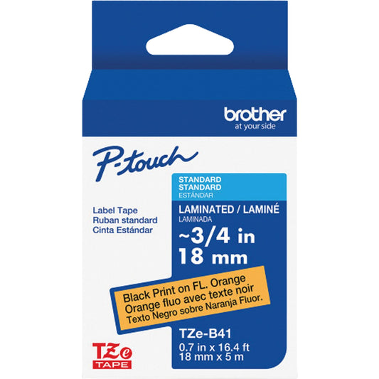 TZe-B41 Laminated Tape for TZe-Compatible P-Touch Label Makers, Black on Fluorescent Orange, 0.7" Width
