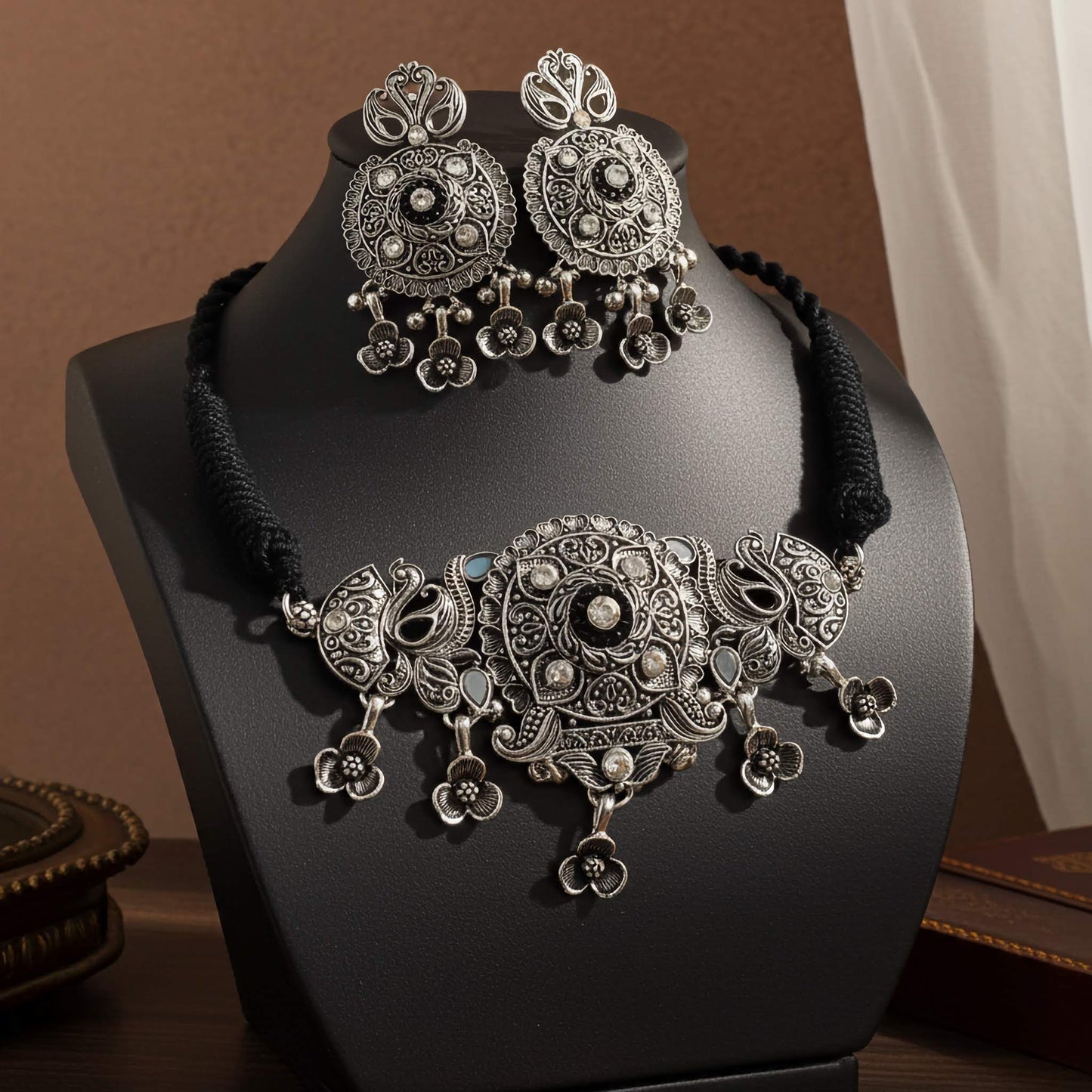 Bohemian Oxidized Choker with Black Flower Charms - Gift for Her