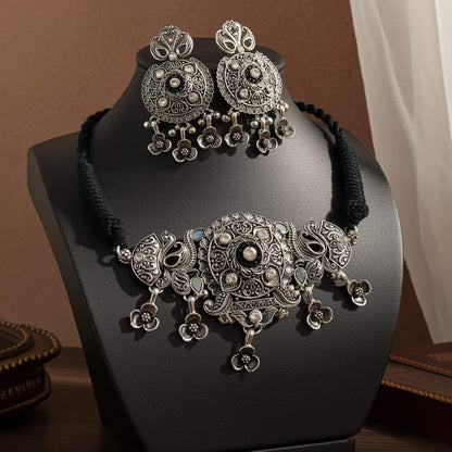 Bohemian Oxidized Choker with Black Flower Charms - Gift for Her