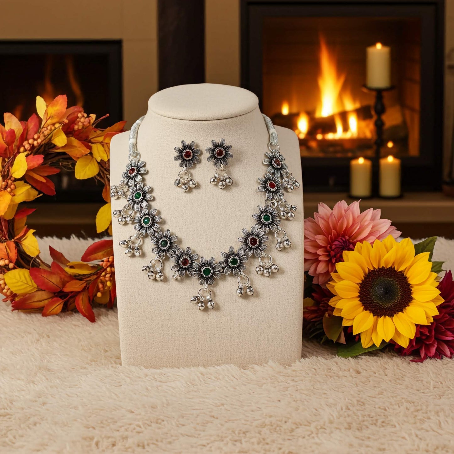 Oxidized Silver Floral Necklace & Earrings Set