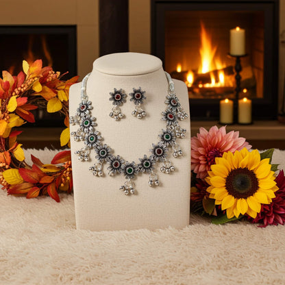 Oxidized Silver Floral Necklace & Earrings Set