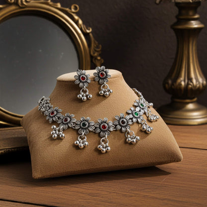 Oxidized Silver Floral Necklace & Earrings Set
