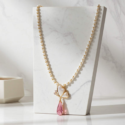 Floral Butterfly Pearl Necklace in Soft Pink Shade