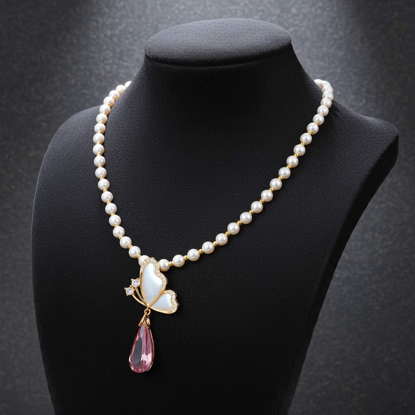 Floral Butterfly Pearl Necklace in Soft Pink Shade