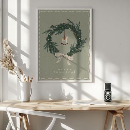 Wall art Horses Toy on Christmas wreath with bow Canvas Print