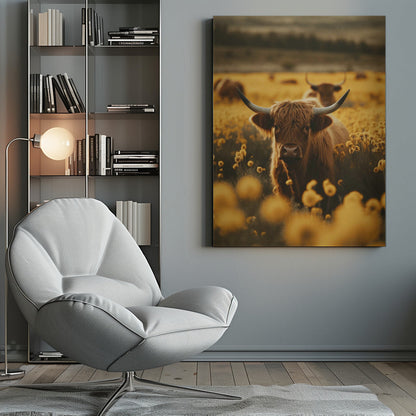 Wall Art Highland Cows In Flower Field