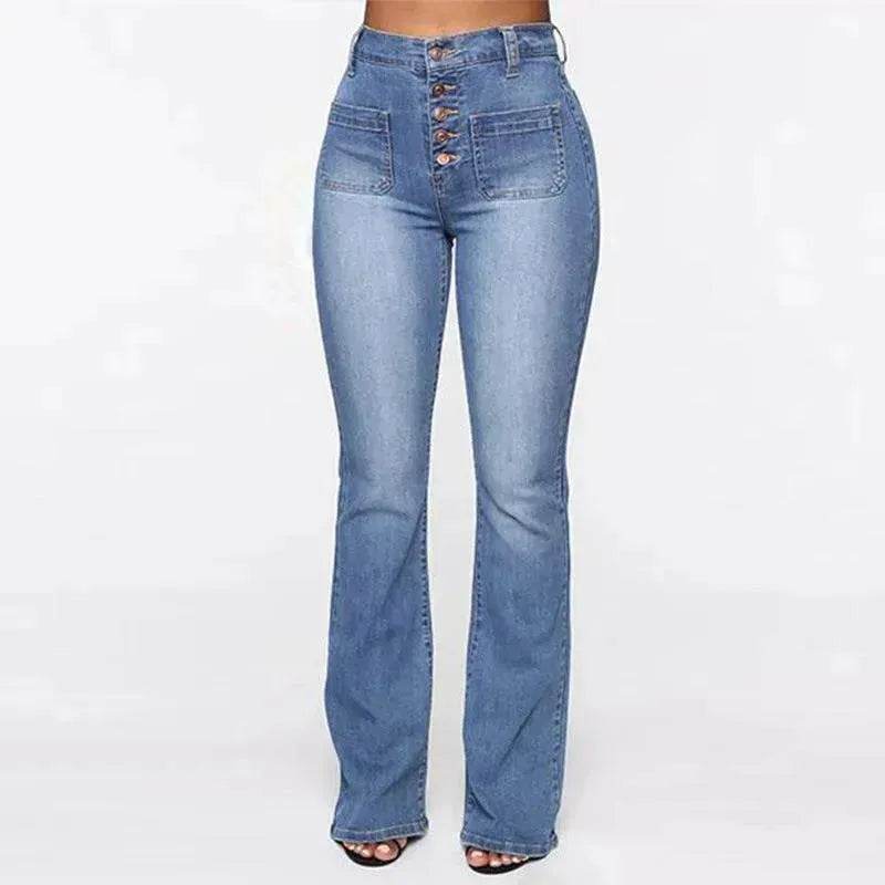 Plus Size Jeans Women Patch Pocket Washed Ladies High Waist Denim Trousers