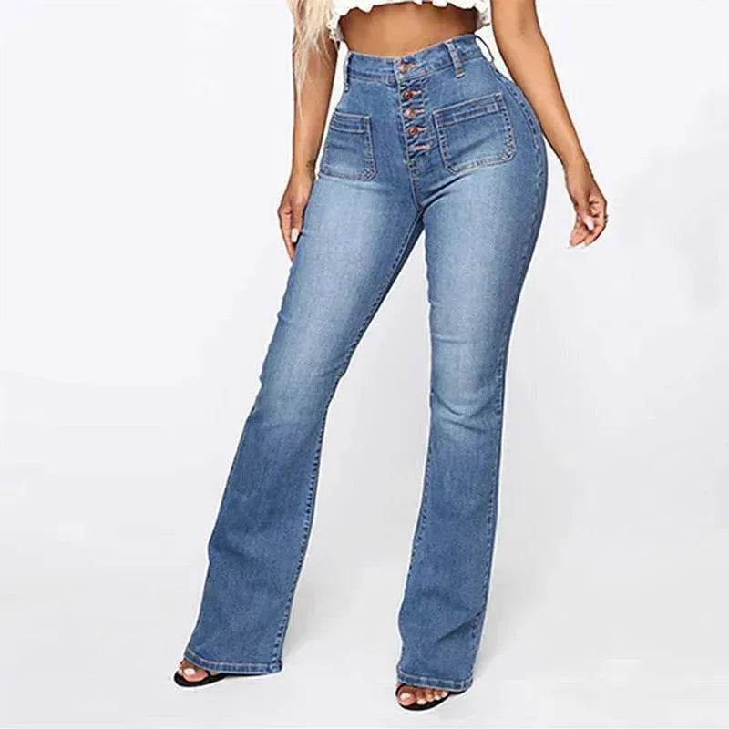 Plus Size Jeans Women Patch Pocket Washed Ladies High Waist Denim Trousers