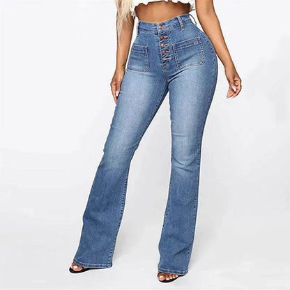 Plus Size Jeans Women Patch Pocket Washed Ladies High Waist Denim Trousers