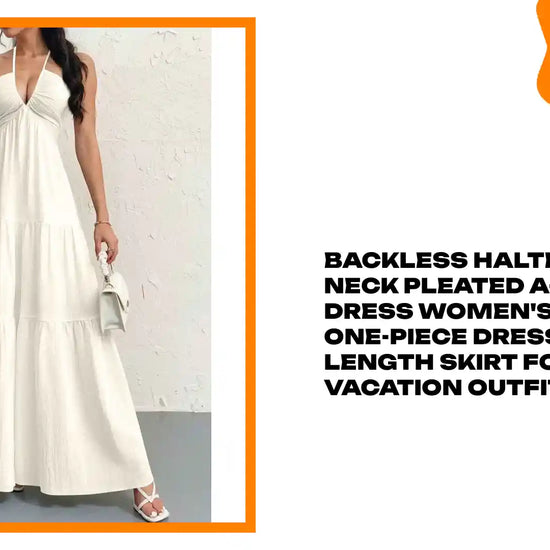 Backless Halterneck V-Neck Pleated A- Line Dress Women's Clothing One-Piece Dress Ankle-length Skirt For Beach Vacation Outfits by@Outfy