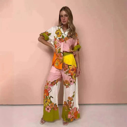 Printed Cotton And Linen Two-piece Suit Outfit Top Wide-leg Pants