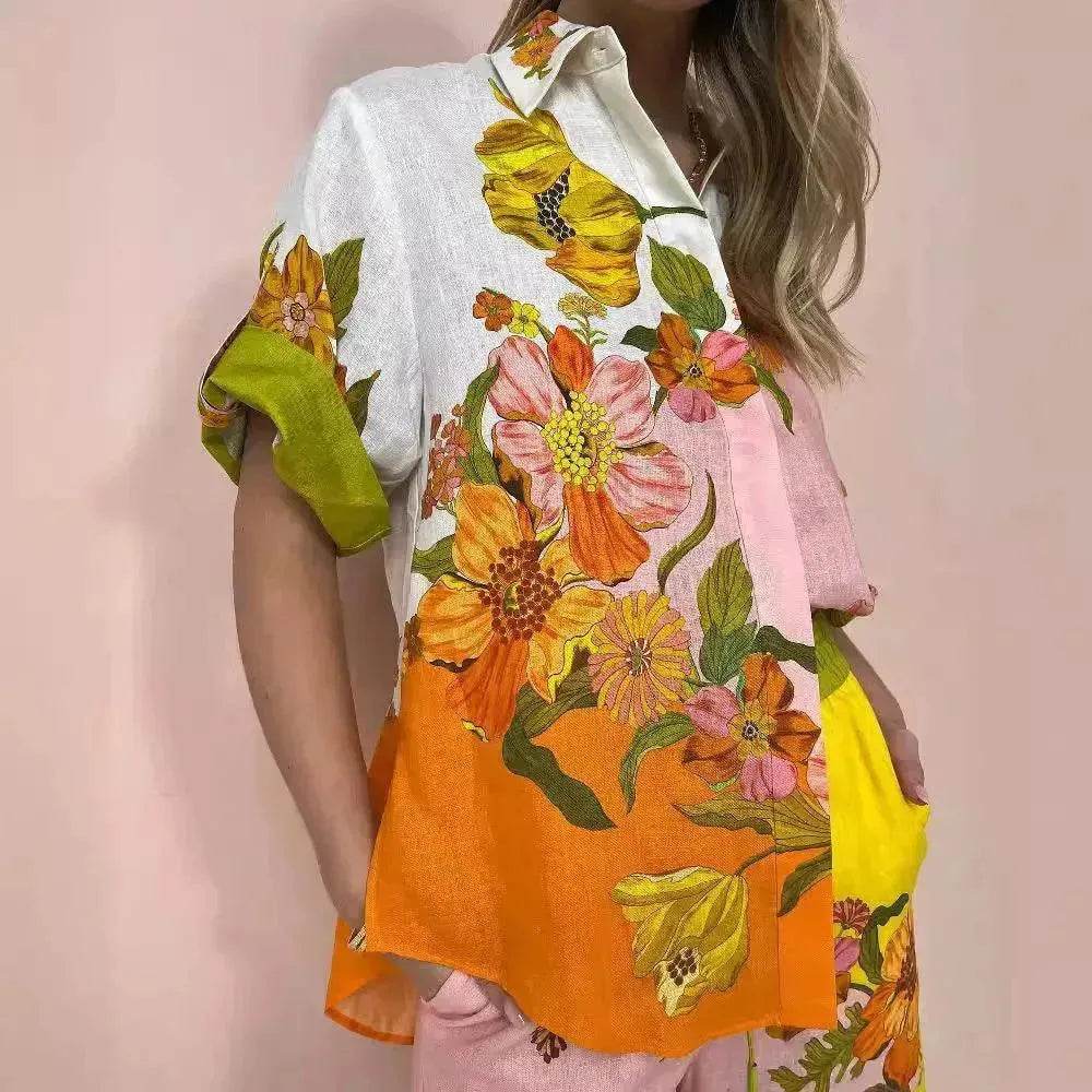 Printed Cotton And Linen Two-piece Suit Outfit Top Wide-leg Pants