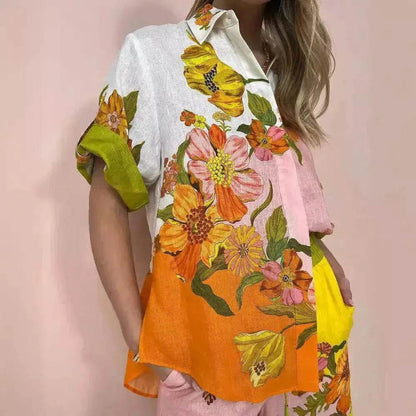 Printed Cotton And Linen Two-piece Suit Outfit Top Wide-leg Pants