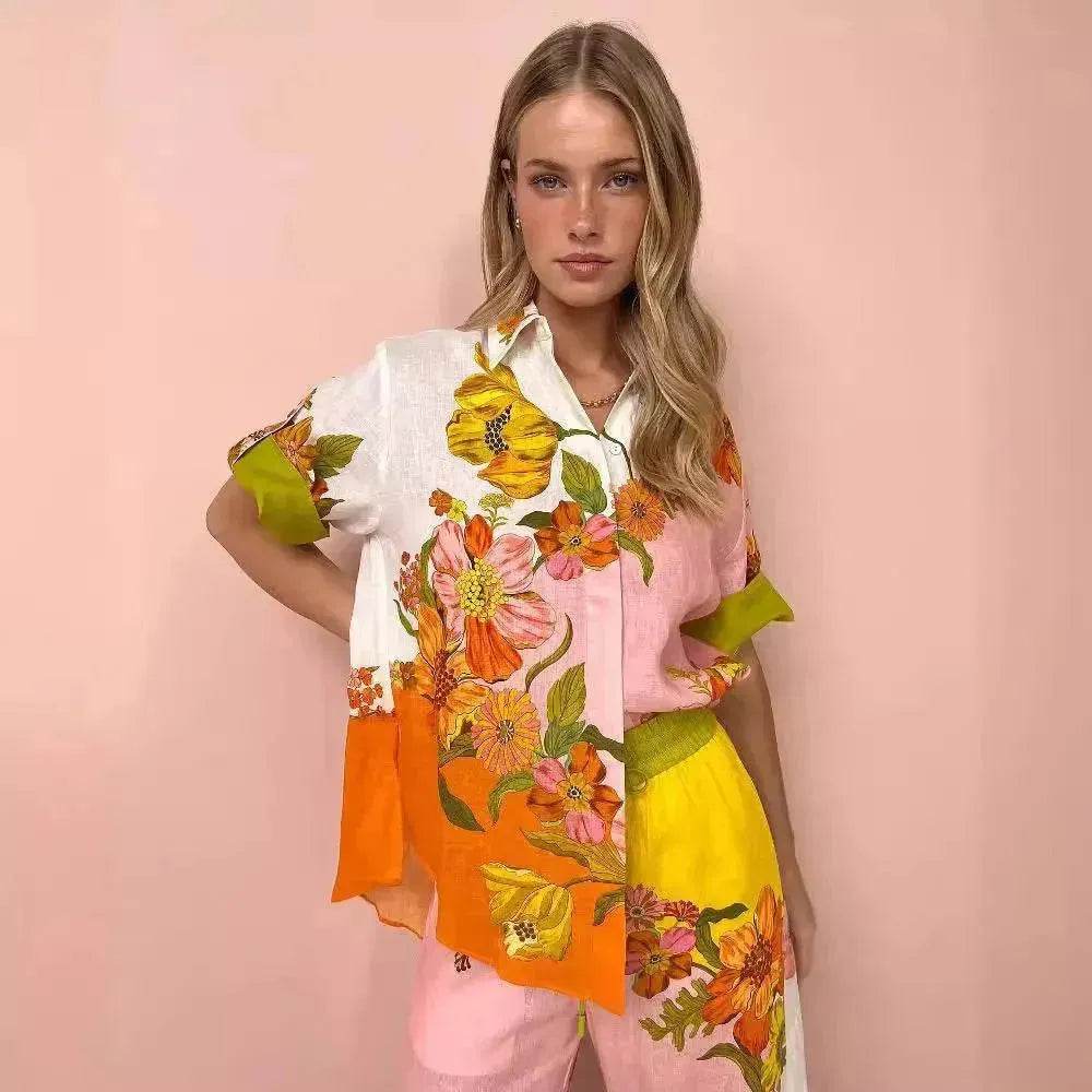 Printed Cotton And Linen Two-piece Suit Outfit Top Wide-leg Pants