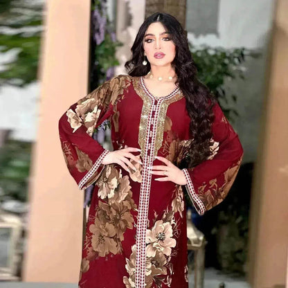 Printed Embroidered Elegant Arab Dubai Turkey Middle Eastern Sophisticated Women Abaya Dress Robe