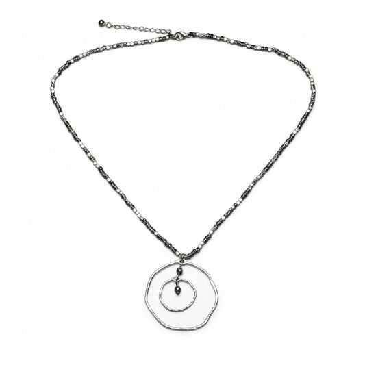 Beaten Double Ring Necklace In Silver Plate