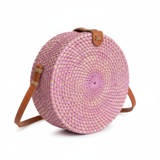 Round Rattan Purse - Pink