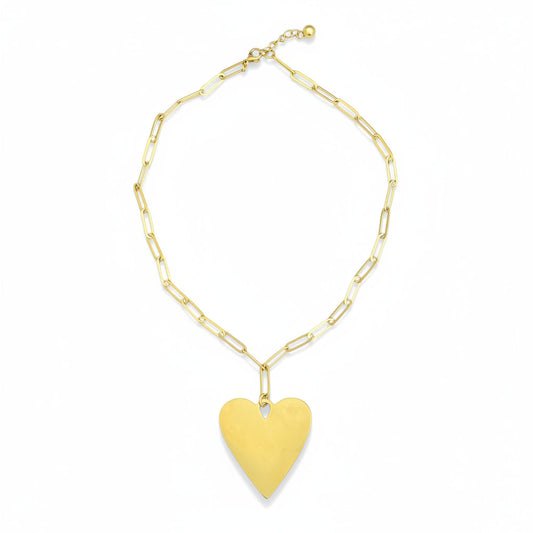 Short Chainlink Heart Pendant Necklace - Gold Stainless Steel