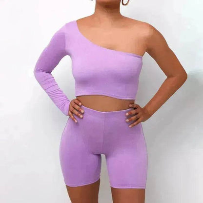 Pure Color Charming One-shoulder Sports Yoga Two-piece Fashion Suit Fitness Workout Gym wear for Women