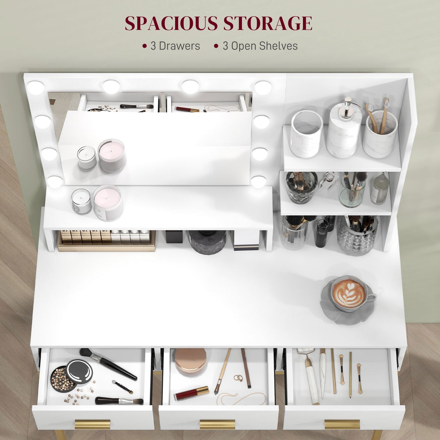 Sophia Illuminated Makeup Table with LED Lights and 3 Drawers-White