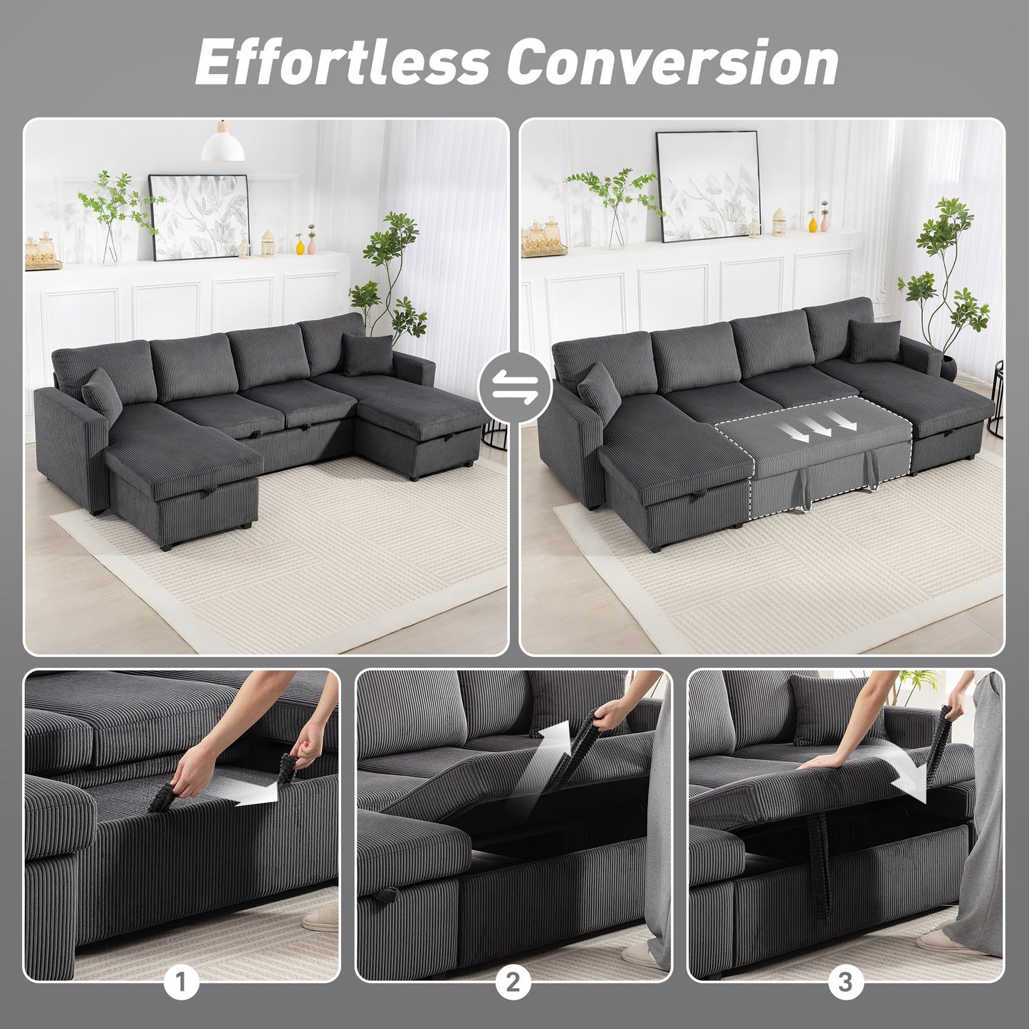 Theo U-Shaped Sleeper Sectional with Storage Chaise-Grey