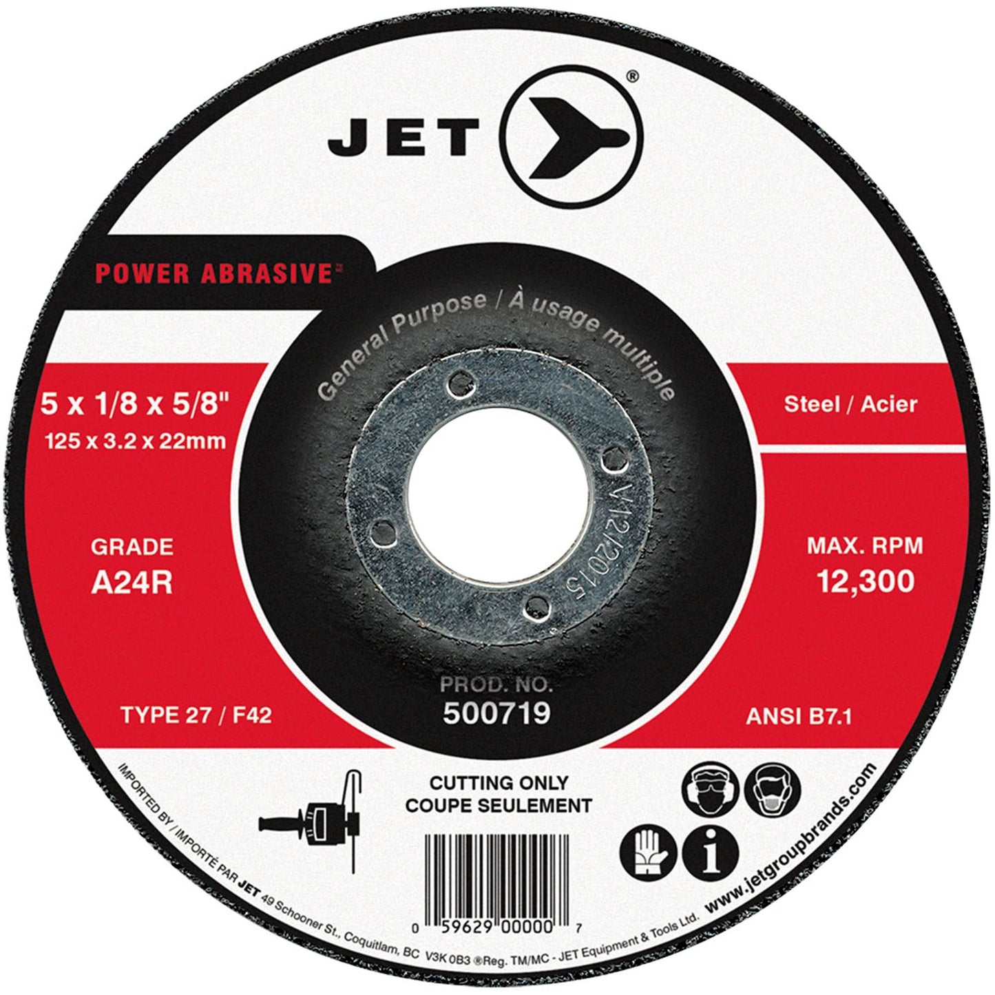 Power Abrasive Cut-Off Wheel, 5" x 1/8", 7/8" Arbor, Type 27, 12300 RPM