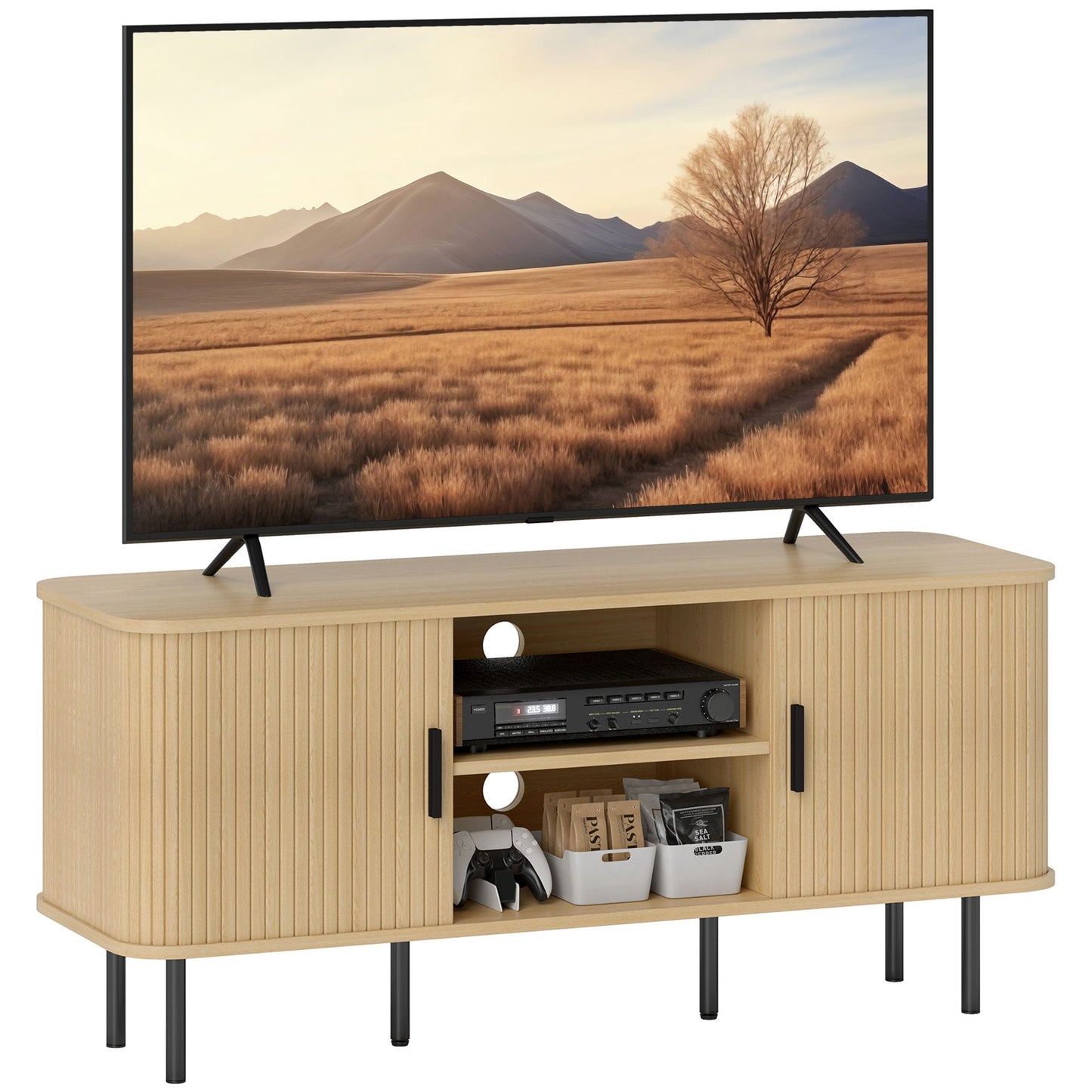 Meuble TV Darcy avec étagères de rangement et armoires pour téléviseurs jusqu'à 55 pouces - Ton Chêne