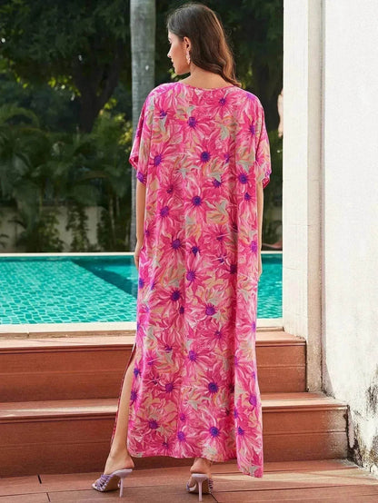 Rayon Rose Red Embroidered Beach Dress Outer Wear