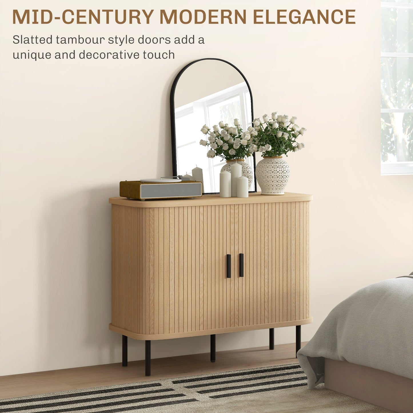 Aspen 35.4" Sideboard Buffet Cabinet with Slatted Tambour Doors-Oak