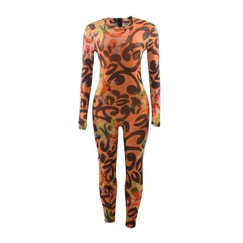 Retro Printed High Elastic Skinny Mesh Jumpsuit