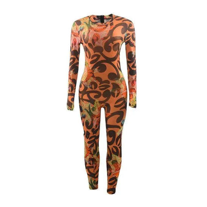Retro Printed High Elastic Skinny Mesh Jumpsuit