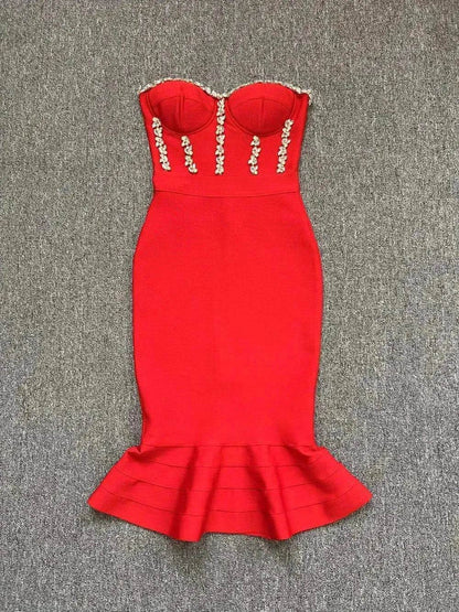 Rhinestone Waist-tight Hip Lotus Leaf Fishtail Gown