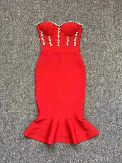Rhinestone Waist-tight Hip Lotus Leaf Fishtail Gown