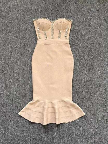 Rhinestone Waist-tight Hip Lotus Leaf Fishtail Gown